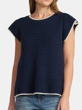 Time and Tru Navy Sweater Top with Cream Trim
